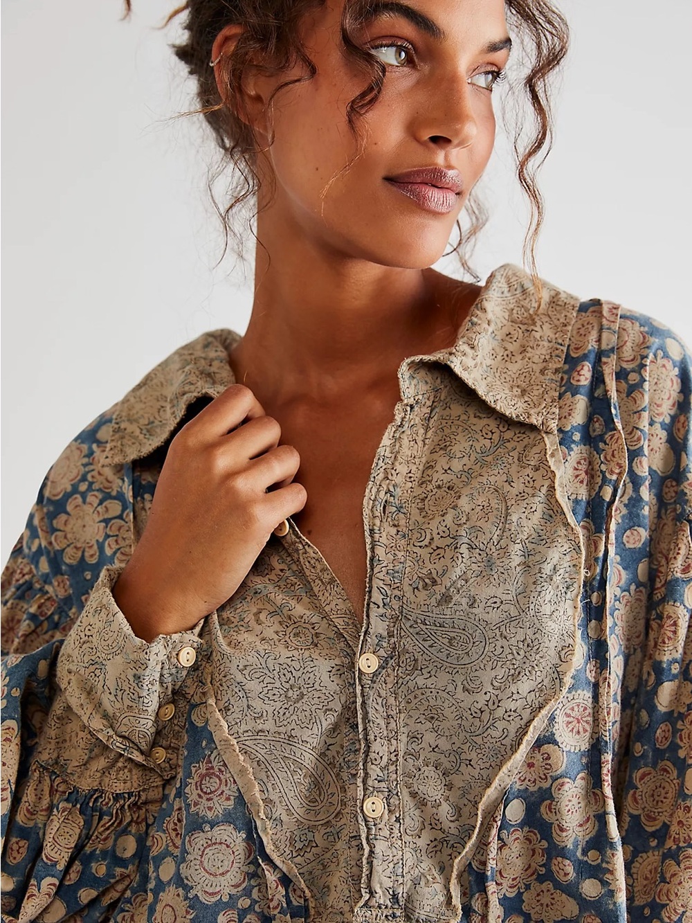 Magnolia Pearl Block Print Tora Shirt 1114 Rourke Oversized Button Neck - Picture 11 of 12